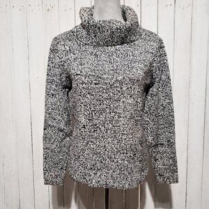 Women's Black White Marled Cowl Sweater Cottage Cozy Cabin Rustic Preppy Classic